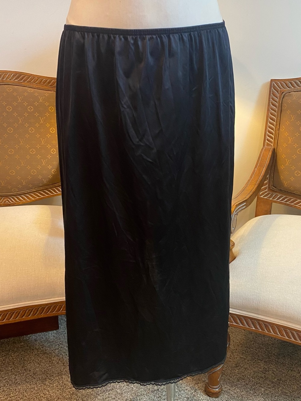 Vintage 90s Vanity Fair Black Midi Slip Skirt Size L Lace Trim Whimsygoth Grunge